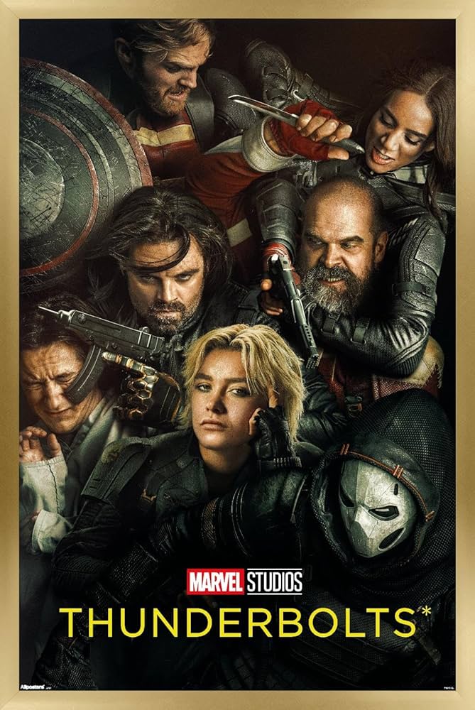 Movie poster for Marvel's Thunderbolts featuring several characters in action poses, framed in a gold border.