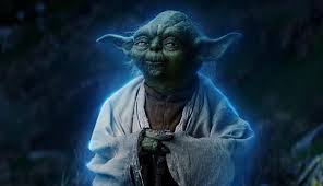 A mystical depiction of Yoda, the iconic character from Star Wars, appearing ethereal and illuminated against a dark background.